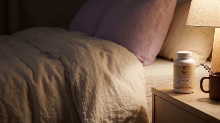 NO. 04 Magnesium Glycinate bottle on a bedside table next to a mug and a lamp in a softly lit bedroom