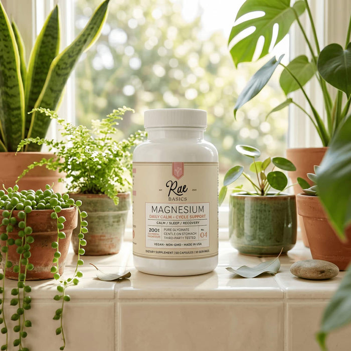 NO. 04 Magnesium Glycinate bottle on a sunny windowsill among potted plants