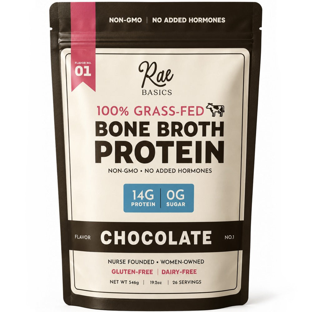 New Rae Basics bag of 100% grass-fed Bone Broth Protein Mix in Chocolate, labeled non-GMO and no added hormones, 14g protein and 0g sugar