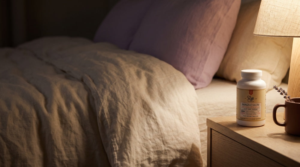 NO. 04 Magnesium Glycinate bottle on a bedside table next to a mug and a lamp in a softly lit bedroom