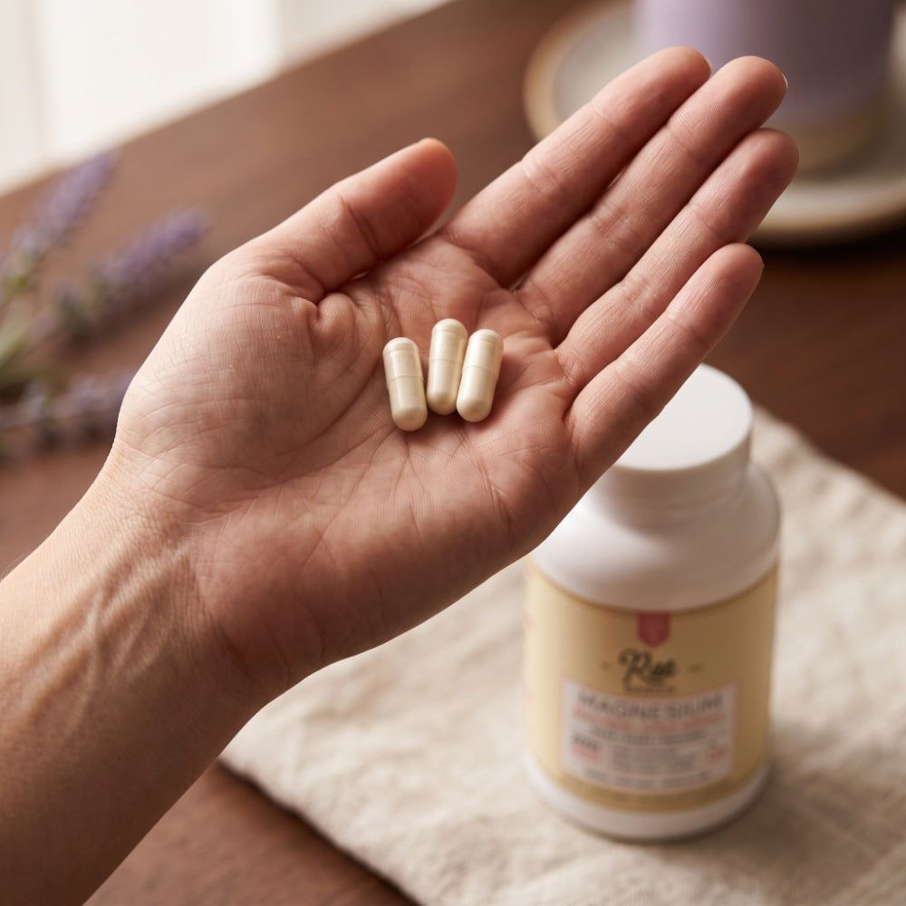 Three NO. 04 Magnesium Glycinate capsules in an open palm above the bottle